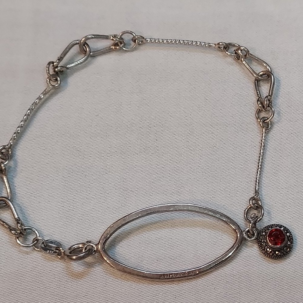 Sterling Marcasite Oval Link Bracelet Red Stone Charm 8.5" One of a Kind